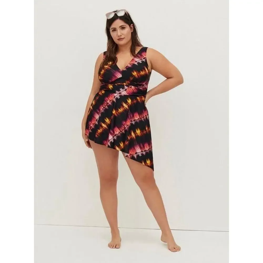 Torrid Size 1 1X 14-16 Wireless Short Asymmetrical Swim Dress with Brief Tie Dye